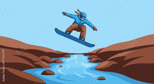 Extreme Snowboarder Soars Over A Winding River And Rocky Ravine