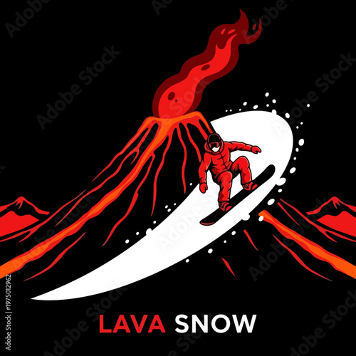 Extreme Snowboarding Adventure Against Fiery Volcano Backdrop Action Packed Thrill