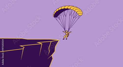 Extreme Sport Paraglider Descends Gracefully From Rocky Cliff Edge