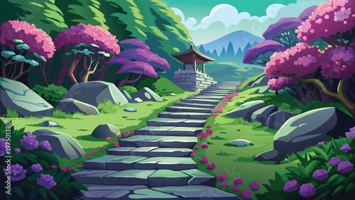 A scenic stone stairway winds through a vibrant garden landscape with blooming purple trees Vector