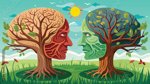 A surreal artistic illustration showing two tree faces representing the dual nature of the mind Vector