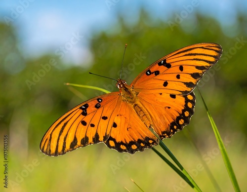 A vibrant, close-up photograph showcasing a butterfly with orange wings and black markings, perched on green grass. The background is blurred