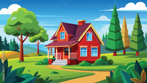 A beautiful red house standing in the middle of a peaceful green landscape under blue sky Vector