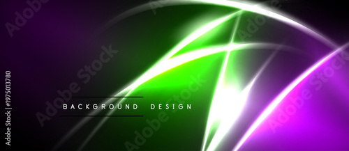 Abstract neon lines create vibrant green, purple glow. Dark background emphasizes bright energy, modern design elements.