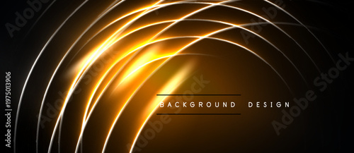 Abstract glowing lines create dynamic curved shapes. Dark background emphasizes bright orange illumination, modern design element.