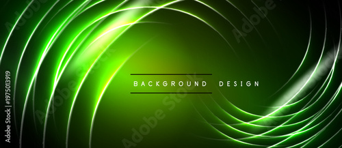 Abstract green neon lines swirl, creating dynamic background. Dark space emphasizes bright curves, modern design element.