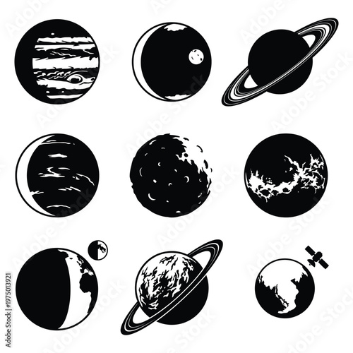 Minimalist Planet Silhouette Vector Set – 9 Celestial Icons for Tattoo Design and Space Logos