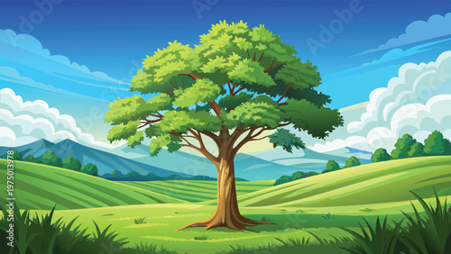 A vibrant and lush green tree standing alone in the middle of a peaceful rolling meadow landscape Vector