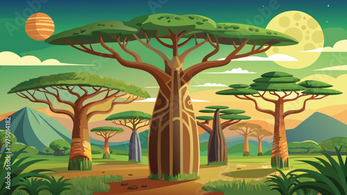 A vibrant artistic illustration of a majestic african baobab forest under a glowing full moon Vector