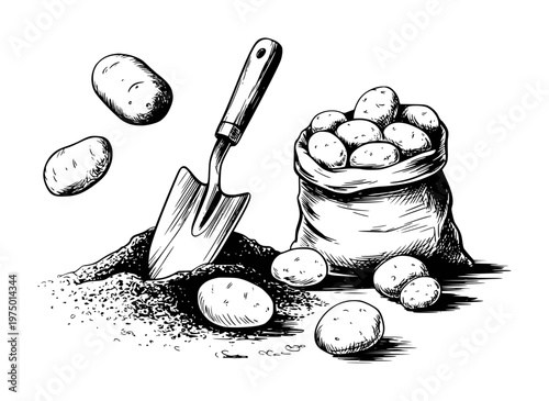 Hand drawn of harvested potatoes in a burlap sack with a garden trowel and loose tubers