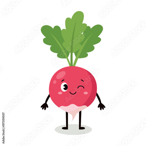 Cute radish character with happy winking face and green leaves pink root vegetable vector