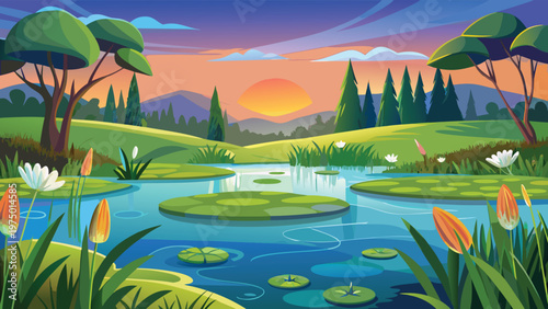 A serene landscape featuring a tranquil pond surrounded by lush green hills and vibrant flowers. Vector