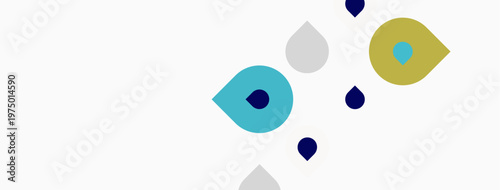 Abstract design features colorful drops, shapes scattered across white background. Minimalist aesthetic, simple composition.