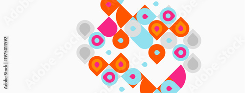 Abstract geometric shapes, vibrant colors, overlapping forms create dynamic composition. Light background enhances visual impact.