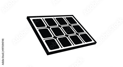A black and white illustration depicts a rectangular solar panel with individual cells high quality professional