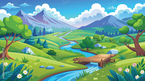 Obraz na plátně A vibrant cartoon landscape featuring a gentle winding river flowing through green lush hills