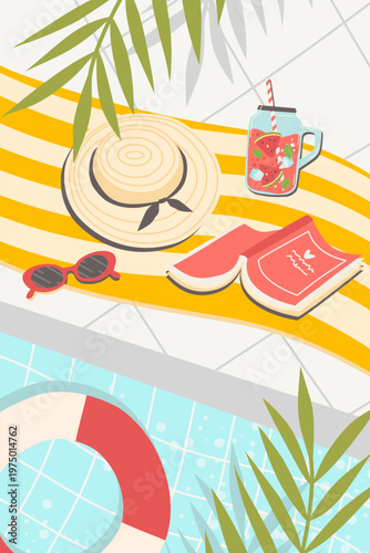 Summer poolside aesthetic flat lay. Relaxing vacation background with pool water, lifebuoy, straw hat, book, sunglasses and watermelon drink on yellow striped towel