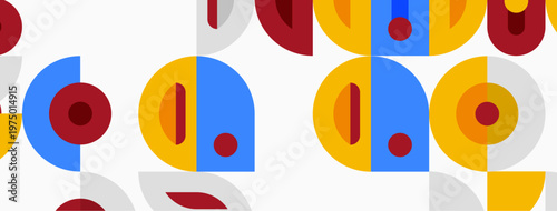 Abstract geometric pattern. Circles, rectangles overlap creating playful design. Red, blue, yellow dominate color scheme. Simple shapes repeat.