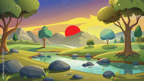 A vibrant landscape illustration featuring a scenic river winding through hills at sunset time. Vector