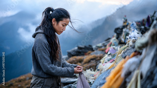 Young Asian woman tying prayer flags on mountain peak at dusk  