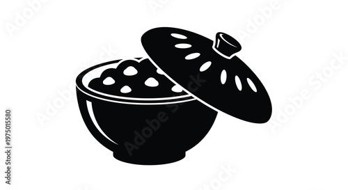 A black and white illustration depicts a filled rounded pot with a lid slightly askew