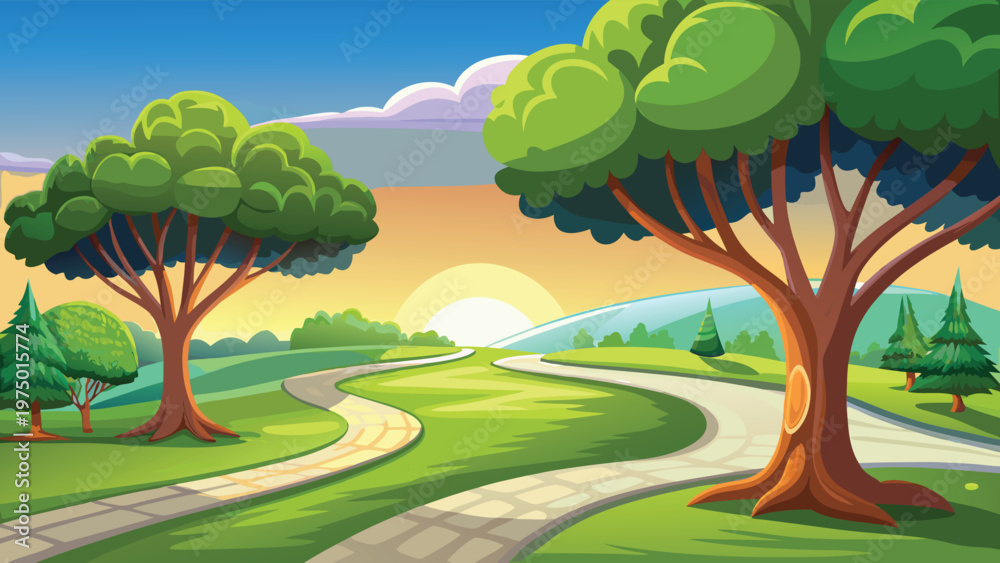 Fototapeta premium A serene landscape featuring a winding pathway through a vibrant green park under a golden sunrise Vector