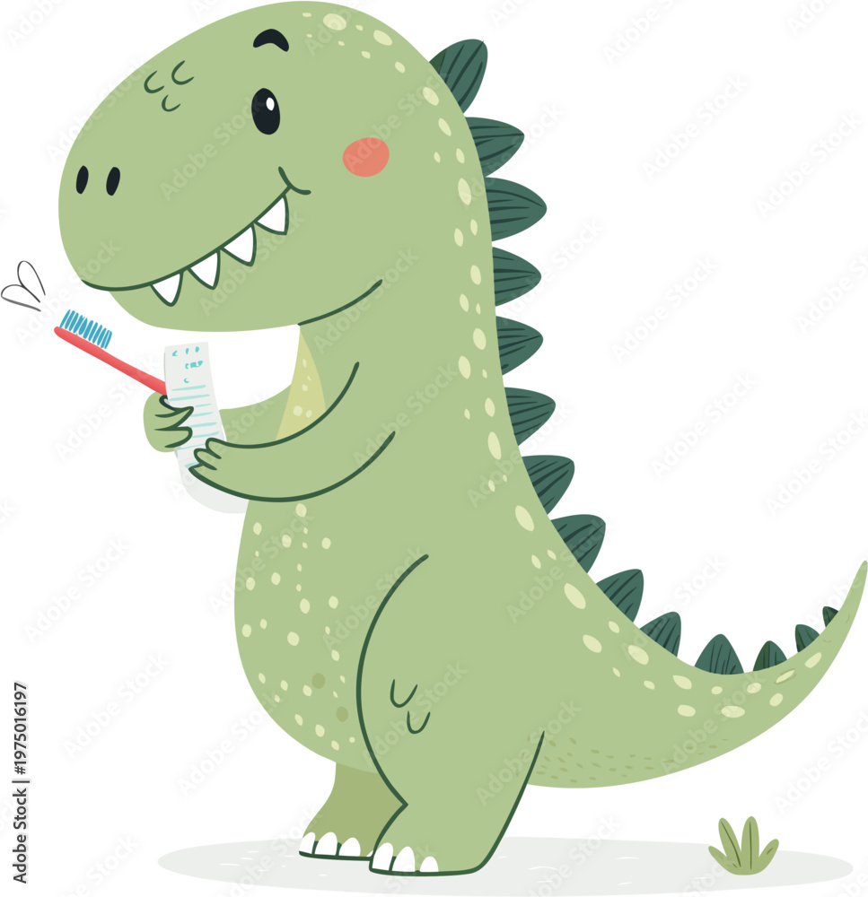 Fototapeta premium Cute Dinosaur Brushing Teeth with Toothbrush and Toothpaste