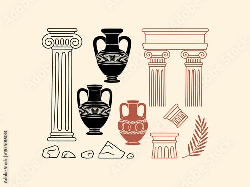 Ancient Greek Ionic columns amphorae pottery and architectural fragments beige background