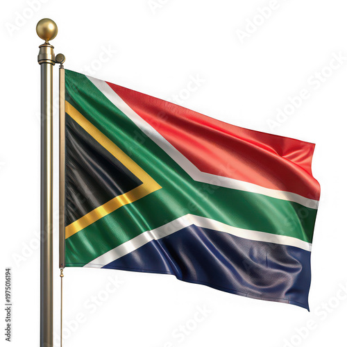 South african flag waving on a pole isolated on transparent background, isolated on white background