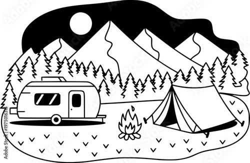 Black and white line of a campsite with mountains moon trees trailer and tent camping