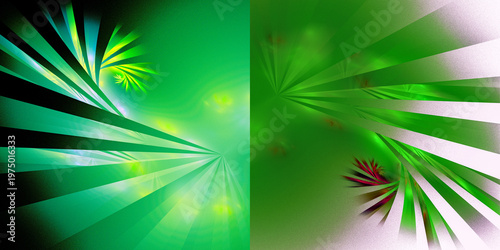 Two abstract fractal backgrounds in one. The rays - the leaves diverge radially and are wrapped in a spiral. Copy space. 3D rendering. 3D illustration.