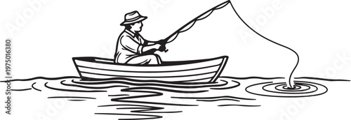 Man in a boat fishing with a rod on a sunny day