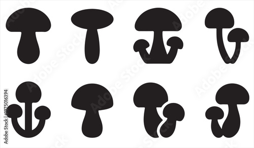 Mushroom silhouette set with various fungi shapes isolated on white background for design use