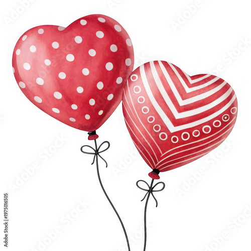 Two red heart shaped balloons with white patterns isolated on transparent background, isolated on white background