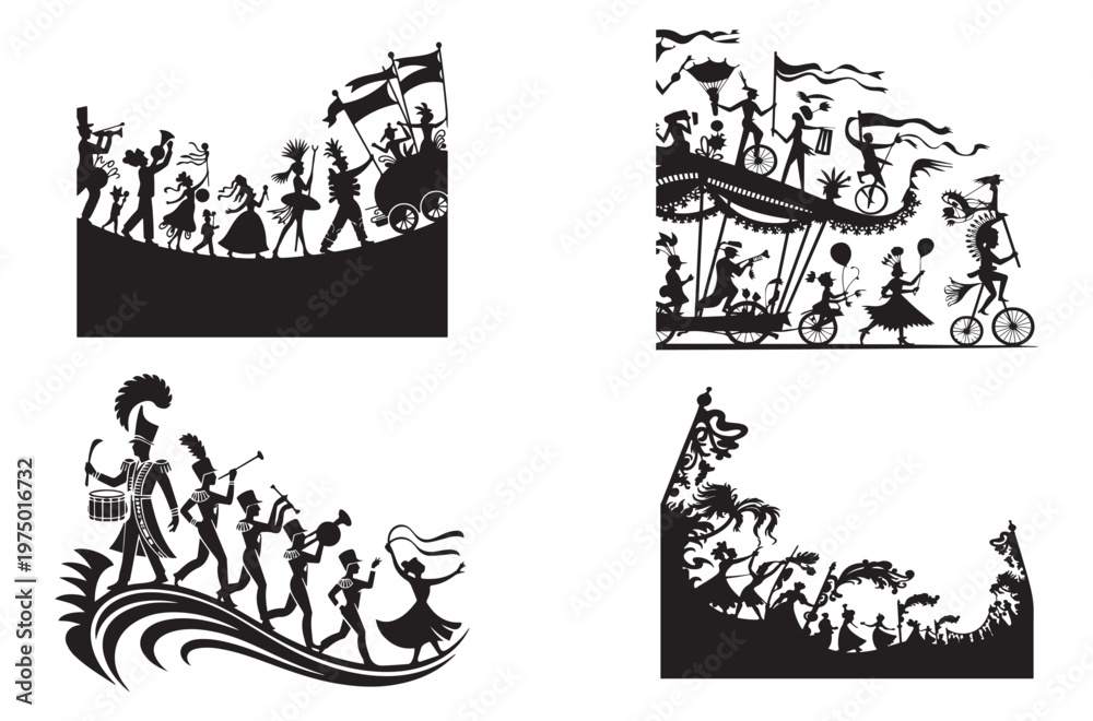 Fototapeta premium Set of four black and white vector silhouettes portraying lively parades and festive celebrations with people playing instruments and dancing in various historical styles