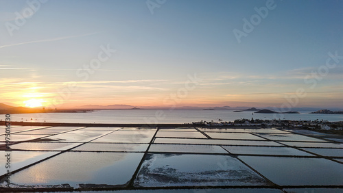 Obraz na plátne Sunset over coastal salt flats with copy space in La Manga Murcia Spain