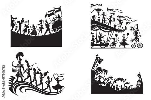 Set of four black and white vector silhouettes portraying lively parades and festive celebrations with people playing instruments and dancing in various historical styles