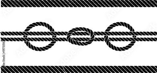 Black Rope Border with Nautical Knots and Loops White Background marine binding