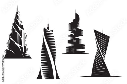 Cuadro en lienzo Set of four distinctive black and white vector skyscraper designs showcasing mod
