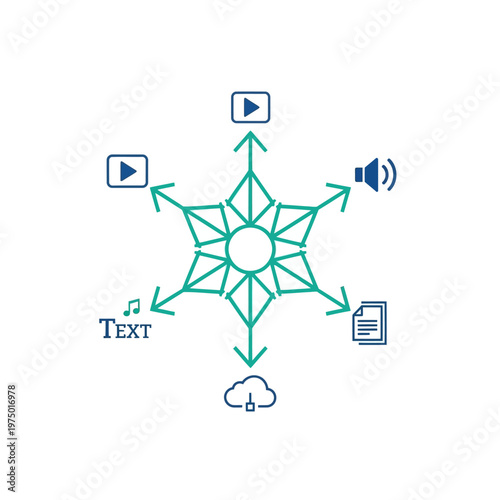 Multimedia content network diagram with icons.