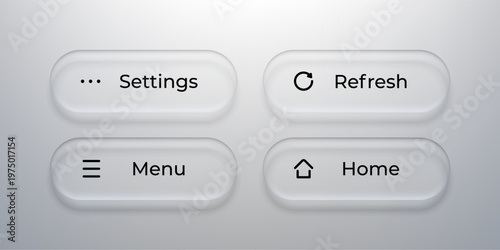 Set of navigation buttons with glass morphism effect. User interface elements for mobile application and website design. Innovative liquid frosted plastic style for modern software.