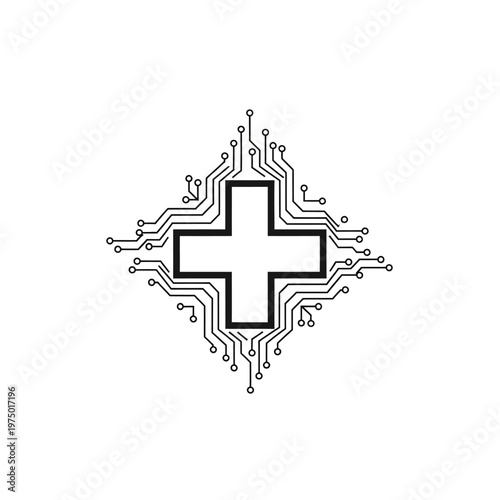 A black and white circuit board cross symbol.