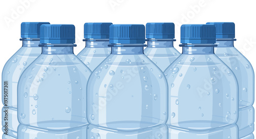 Illustration of clear plastic water bottles with blue caps