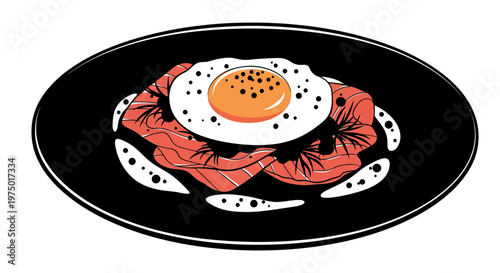 Fried egg and smoked salmon breakfast illustration on black plate