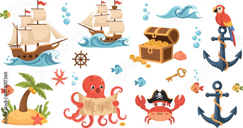 Pirate adventure elements collection with ship treasure chest octopus anchors parrot and sea items cartoon illustration set