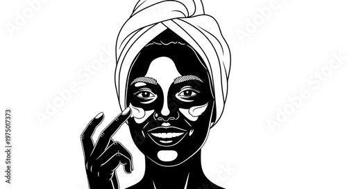 Woman applying facial mask skin care line art illustration