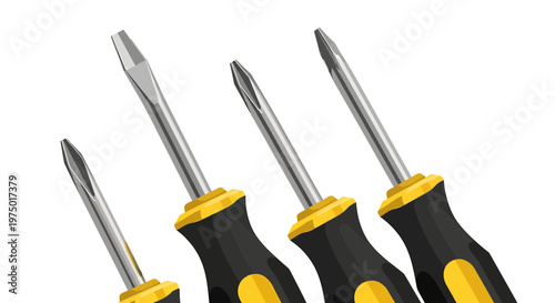 Four screwdrivers with yellow and black handles isolated on white