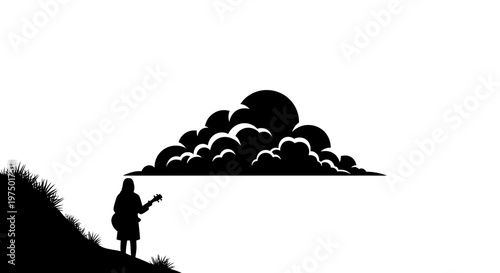 Silhouette of Musician with Guitar Looking at Clouds Illustration