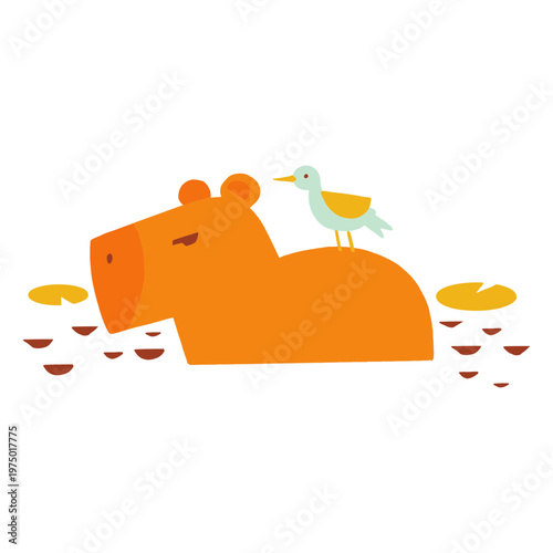 Orange capybara with a bird atop its back flat image