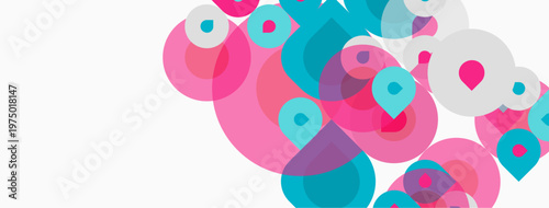 Abstract composition featuring overlapping circles. Pink, teal, white hues create dynamic visual texture. Modern design element.